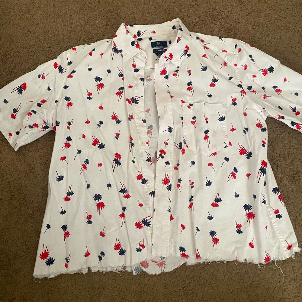 Cropped slightly distressed white button down with blue and red palm trees